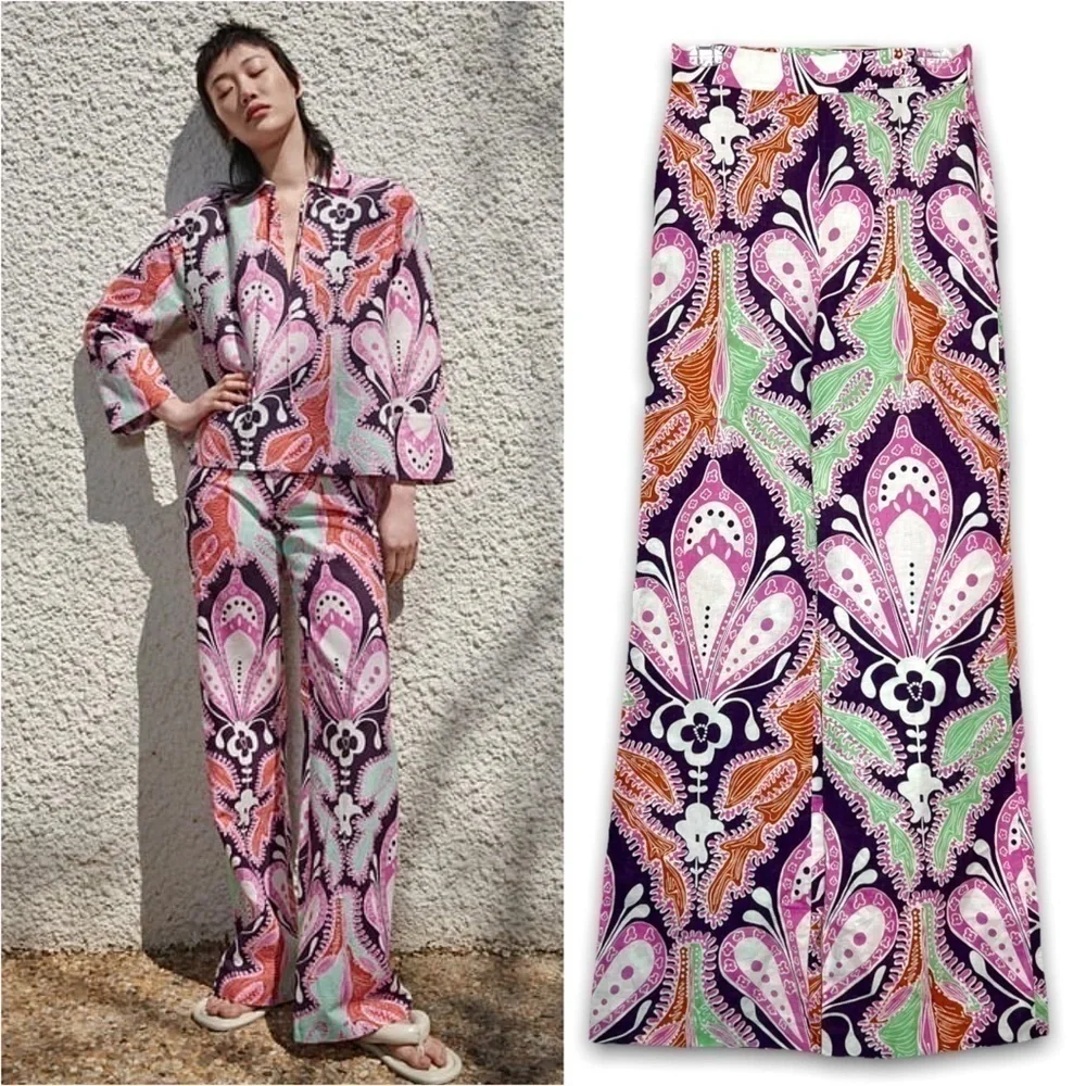 NWT ZARA Linen-Cotton Art Deco Paisley Wide Leg High Rise Boho Palazzo Pants‎ XS